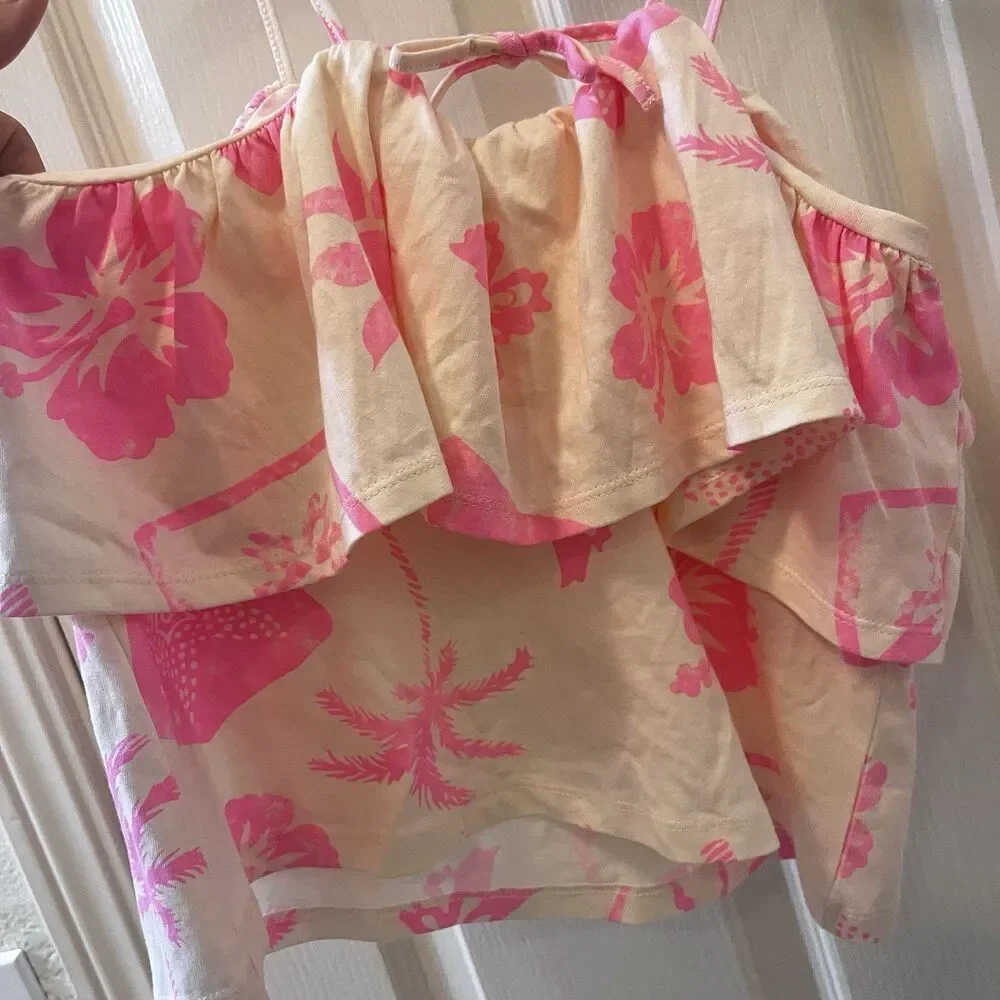 Zara Girls Pink Tropical Ruffle Crop Tank Floral Hawaiian Palm Trees SZ 8-9 NWT